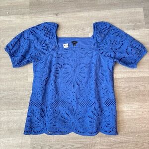 Talbots Blouse Women’s 12 Blue Cotton Eyelet Stitch Lined Classic Transitional
